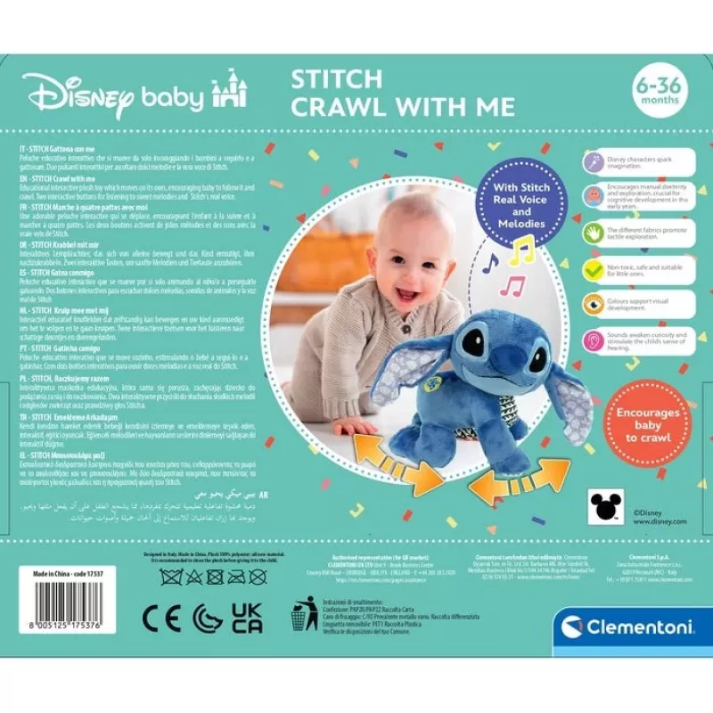 Clementoni Disney Baby Stitch Me Roomame Koos pehme mänguasi, sinine, 25 cm, alates sünnist