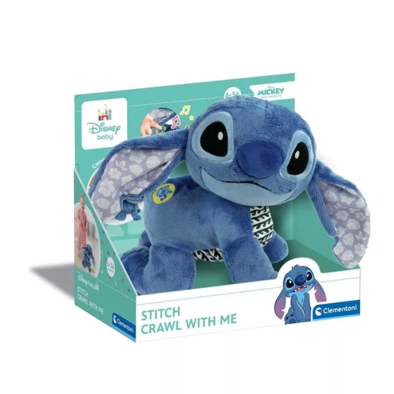 Clementoni Disney Baby Stitch Me Roomame Koos pehme mänguasi, sinine, 25 cm, alates sünnist