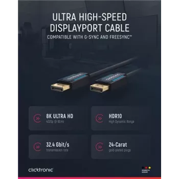 ClickTronic 40994 DisplayPort-kaabel 2 m must - 4K Ultra HD, kullatud pistikud, kolmekordne varjestus