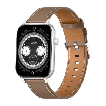 COLMI C28 Smartwatch – Silver + Brown Leather Strap