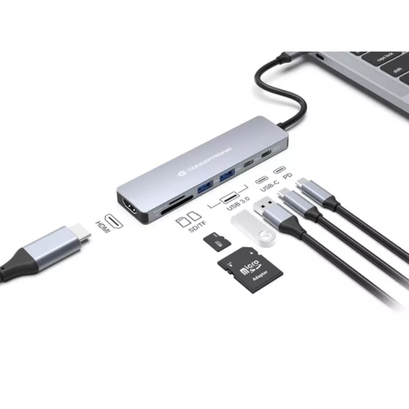 CONCEPTRONIC 7-in-1 USB-C dokkimisjaam HDMI, USB-C PD, 2x USB-A, SD- ja MicroSD-kaardilugejatega, 25 cm kaabel, Space Grey