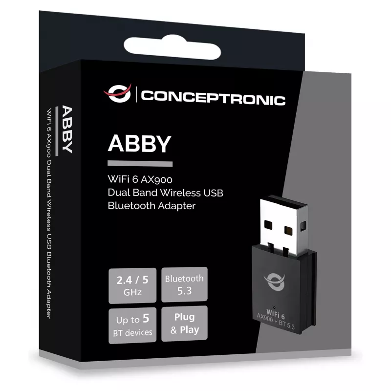 Conceptronic ABBY26B WiFi 6 AX900 kaheribaline USB ja Bluetooth 5.3 adapter