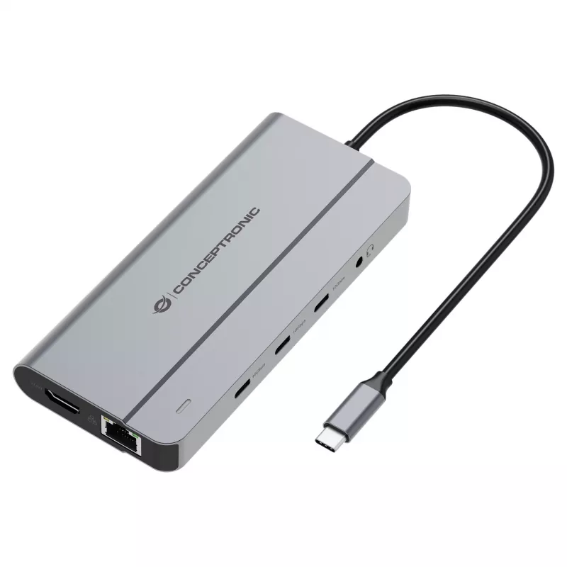 Conceptronic DONN34G 10-in-1 USB 3.2 Gen 2 MST dokkimisjaam, 4K60Hz HDMI, 8K30Hz DisplayPort, GbE, USB-C 10Gbps x 3, USB-A 480Mbps x 2, Audio, 100W USB PD