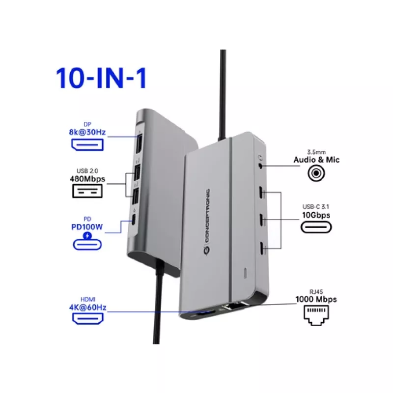 Conceptronic DONN34G 10-in-1 USB 3.2 Gen 2 MST dokkimisjaam, 4K60Hz HDMI, 8K30Hz DisplayPort, GbE, USB-C 10Gbps x 3, USB-A 480Mbps x 2, Audio, 100W USB PD