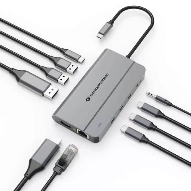 Conceptronic DONN34G 10-in-1 USB 3.2 Gen 2 MST dokkimisjaam, 4K60Hz HDMI, 8K30Hz DisplayPort, GbE, USB-C 10Gbps x 3, USB-A 480Mbps x 2, Audio, 100W USB PD