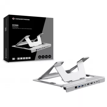Conceptronic DONN35S sülearvuti alus 7-in-1 USB-C dokkimisjaamaga, Dual HDMI 4K60Hz, GbE, USB-C 5Gbps, 2x USB-A, 100W PD, hõbedane