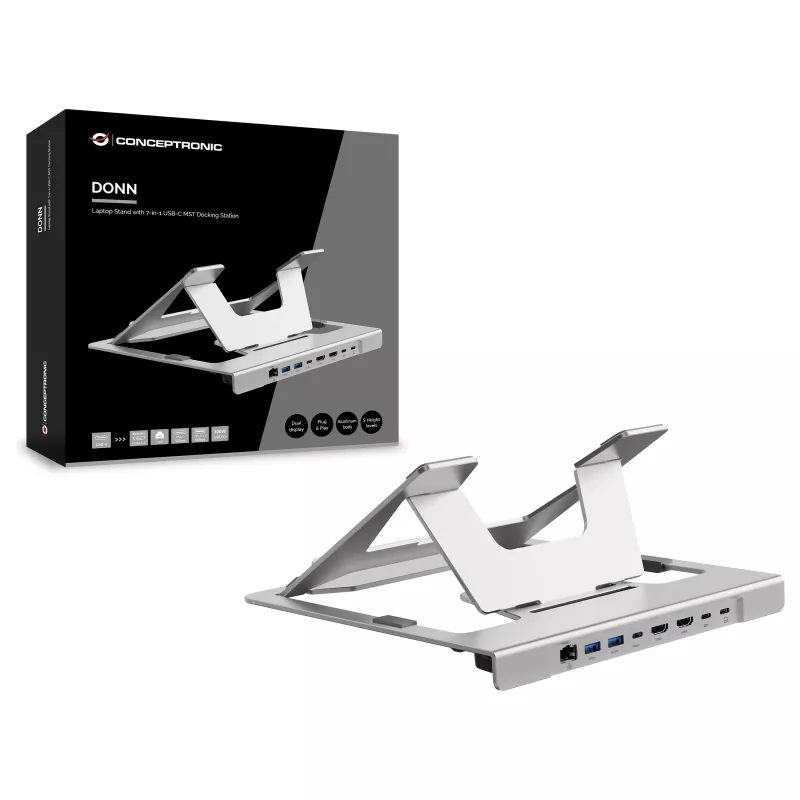Conceptronic DONN35S sülearvuti alus 7-in-1 USB-C dokkimisjaamaga, Dual HDMI 4K60Hz, GbE, USB-C 5Gbps, 2x USB-A, 100W PD, hõbedane