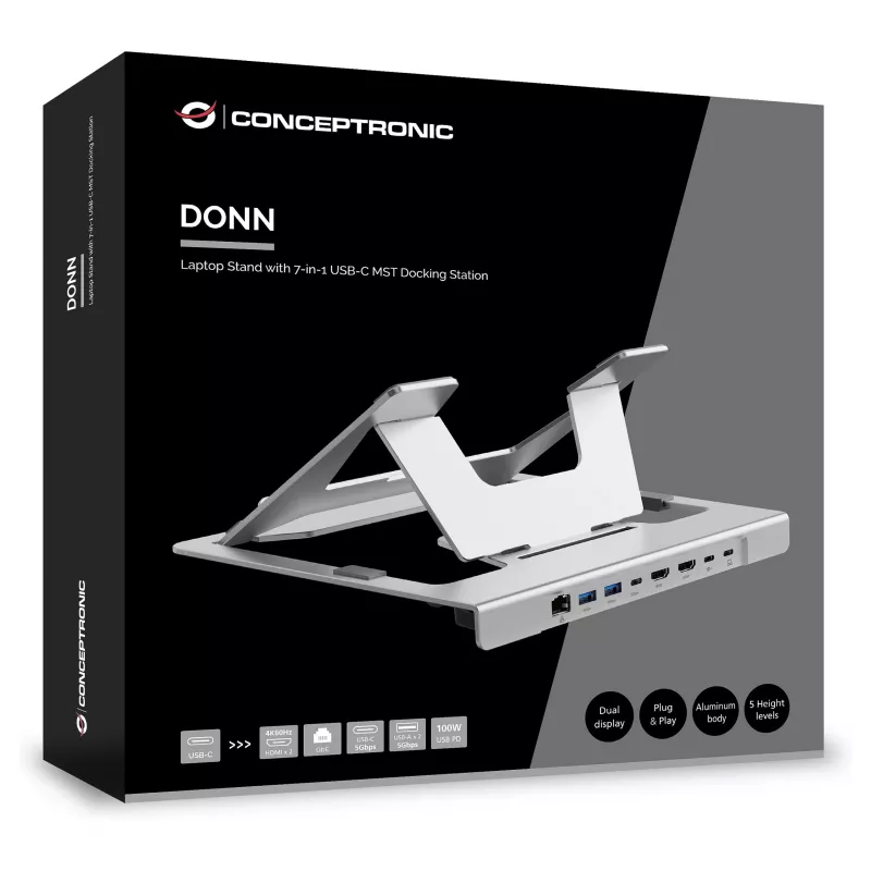 Conceptronic DONN35S sülearvuti alus 7-in-1 USB-C dokkimisjaamaga, Dual HDMI 4K60Hz, GbE, USB-C 5Gbps, 2x USB-A, 100W PD, hõbedane