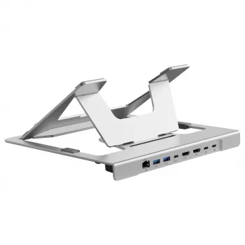 Conceptronic DONN35S sülearvuti alus 7-in-1 USB-C dokkimisjaamaga, Dual HDMI 4K60Hz, GbE, USB-C 5Gbps, 2x USB-A, 100W PD, hõbedane