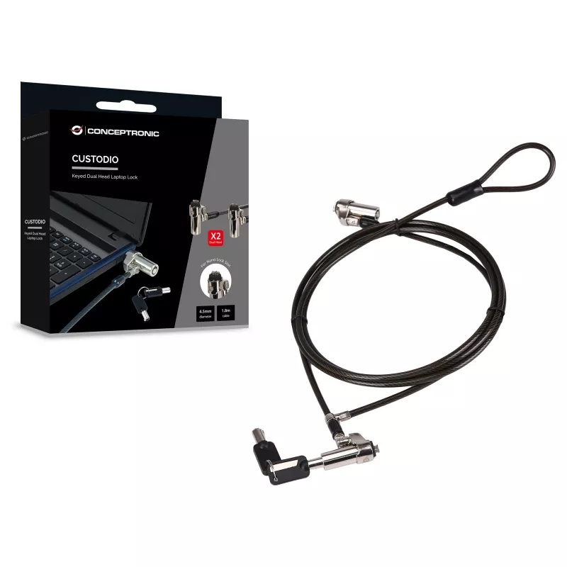 Conceptronic NBT Nano-Lock Dual sülearvuti kombinatsioonlukk, 4-kohaline, 1,8 m terastross, must/hõbe