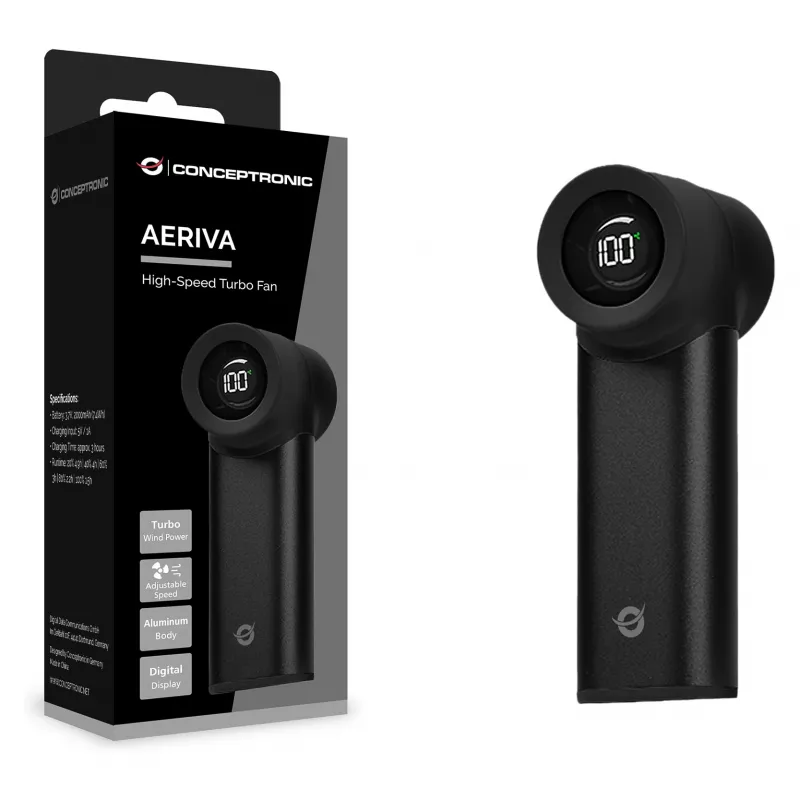 CONCEPTRONIC Turbo käeshoitav ventilaator must USB-C kuni USB-A alumiinium 5V 3-kiiruseline laetav 2000mAh