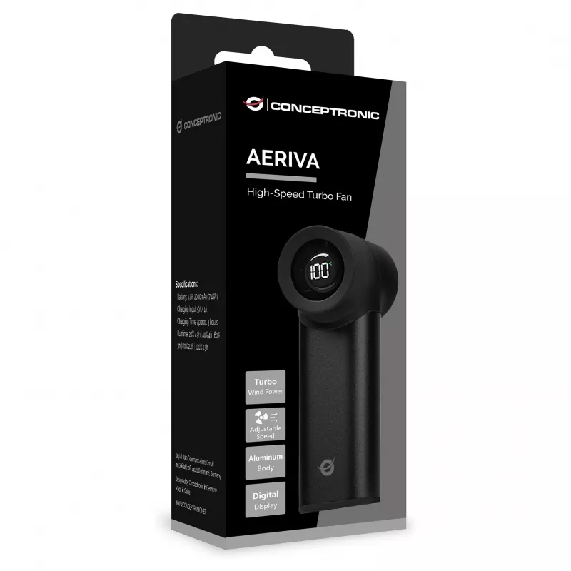 CONCEPTRONIC Turbo käeshoitav ventilaator must USB-C kuni USB-A alumiinium 5V 3-kiiruseline laetav 2000mAh