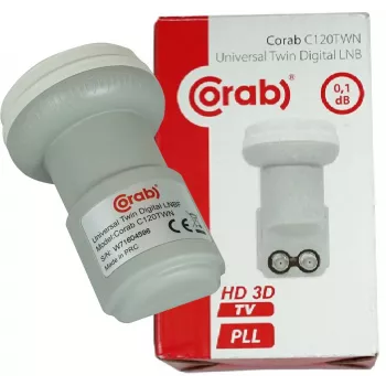 CORAB C120TWN Twin LNB muundur – 2 väljundit, 40 mm kiiriti, madal müra 0,1 dB, ilmastikukindel F-tüüp