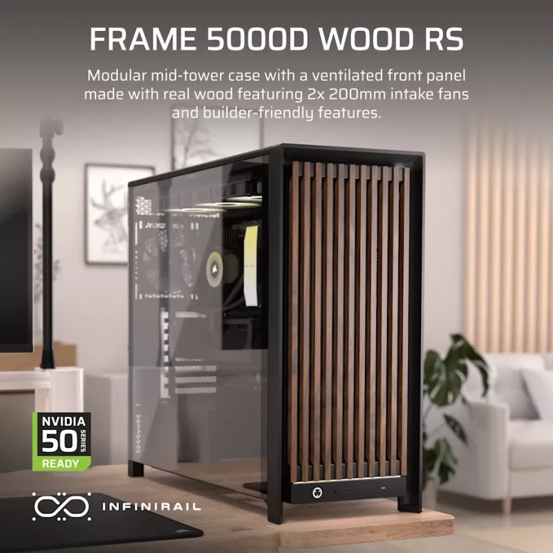 Corsair FRAME 5000D WOOD RS Mid-Tower PC korpus, must/pähkel, E-ATX, ATX, Micro-ATX, Mini-ITX, teras/karastatud klaas/plast/pähklipuit, mängimiseks