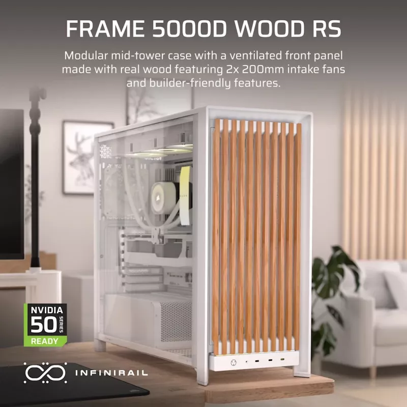 Corsair FRAME 5000D WOOD RS Mid-Tower PC korpus, valge/pähkel, karastatud klaas, ATX, E-ATX, Micro-ATX, Mini-ITX, teras/plast, mängimiseks