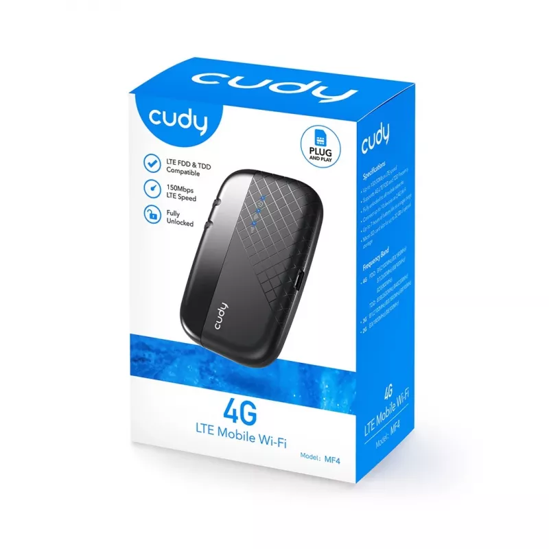 Cudy MF4 4G LTE mobiilne Wi-Fi hotspot ruuter, 300 Mbps üheribaline 2,4 GHz, kuni 10 seadet, 2000 mAh aku, must