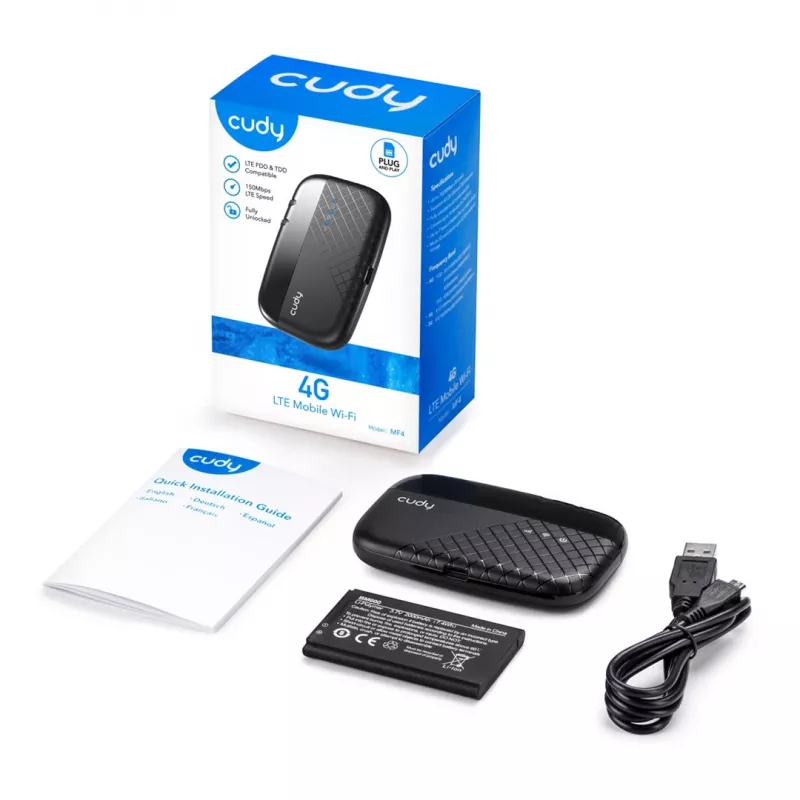 Cudy MF4 4G LTE mobiilne Wi-Fi hotspot ruuter, 300 Mbps üheribaline 2,4 GHz, kuni 10 seadet, 2000 mAh aku, must