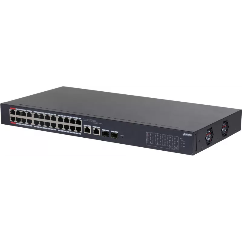 DAHUA CS4226-24ET-375 26-pordiline Layer 2+ haldatav PoE+ lüliti, 24 Gigabit PoE+ porti, 2 SFP üleslüli, 375W eelarve, ventilaatorita, riiulisse paigaldatav