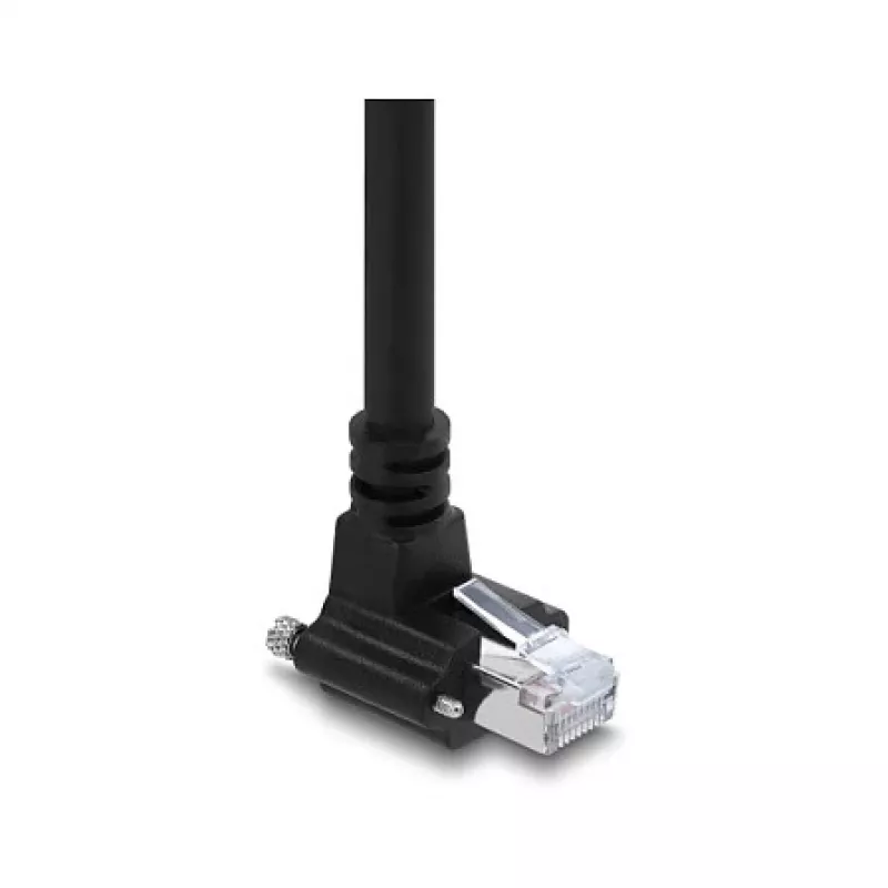 Delock 4m GigE kaamerakaabel Cat.6 S/FTP RJ45 90° nurga all kruvilukuga kuni RJ45 sirge - must