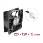 Delock Axiaalventilaator 48 V DC, 120 x 120 x 38 mm 2-kontaktilise ventilaatoriühendusega, must