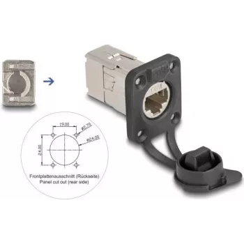 Delock D-tüüpi RJ45 paneelipesa Cat.6A STP LSA ühendusega ja IP66 kaitsekorgiga