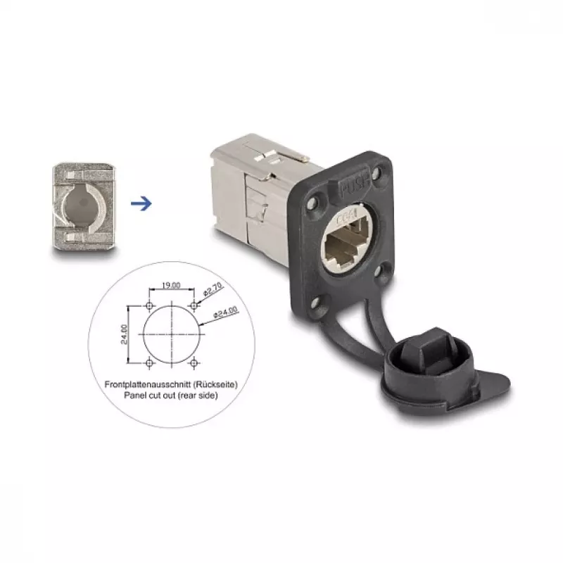 Delock D-tüüpi RJ45 paneelipesa Cat.6A STP LSA ühendusega ja IP66 kaitsekorgiga
