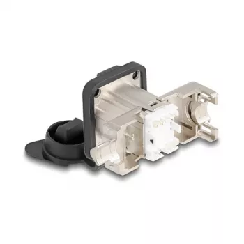Delock D-tüüpi RJ45 paneelipesa Cat.6A STP LSA ühendusega ja IP66 kaitsekorgiga