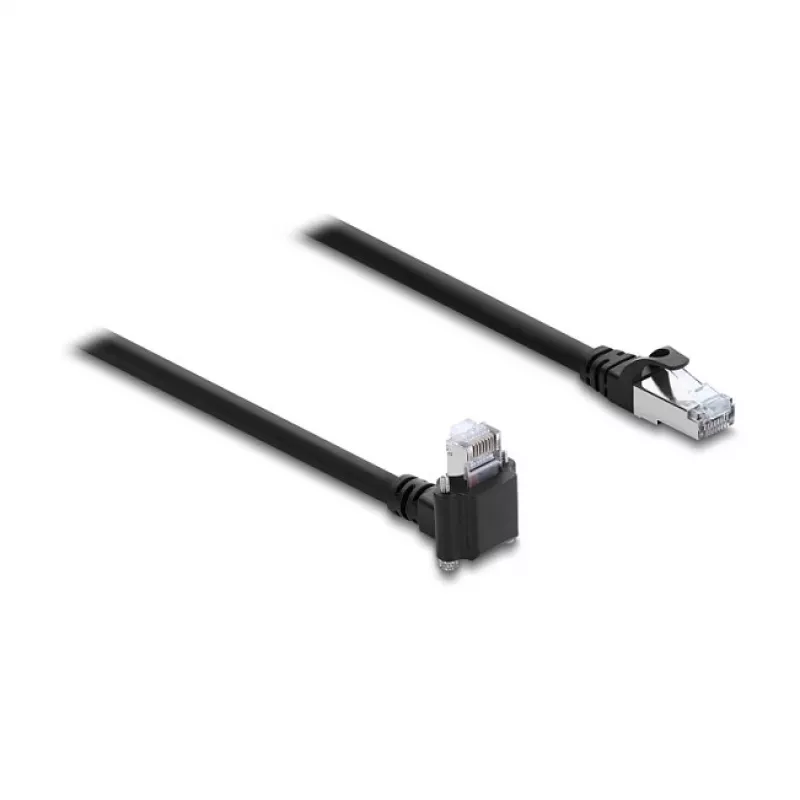 Delock GigE kaamera kaabel RJ45 pistik 90° nurga all kruvidega, pistiku pikkus 28 mm kuni RJ45 pistik Cat.6 S/FTP 5 m must