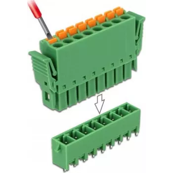 Delock PCB klemmliistu komplekt 8-kontaktiline 3,81 mm sammuga vertikaalne roheline (10 tk) 65974
