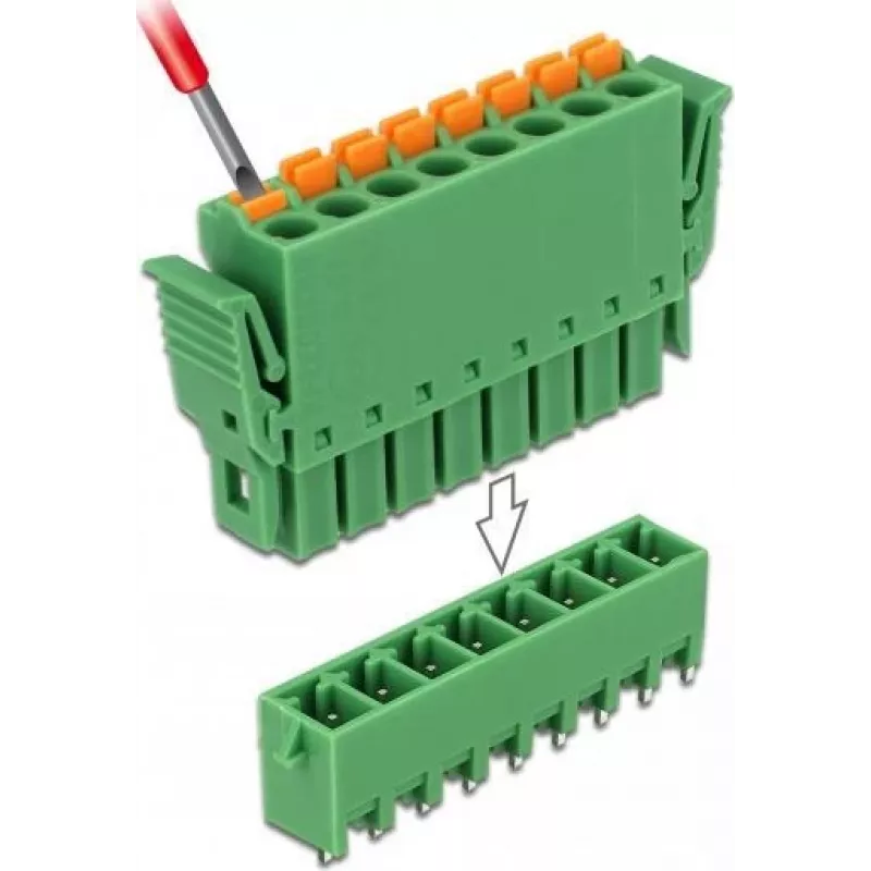 Delock PCB klemmliistu komplekt 8-kontaktiline 3,81 mm sammuga vertikaalne roheline (10 tk) 65974
