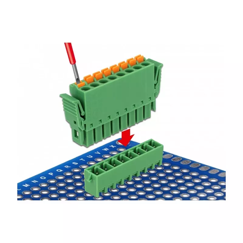 Delock PCB klemmliistu komplekt 8-kontaktiline 3,81 mm sammuga vertikaalne roheline (10 tk) 65974