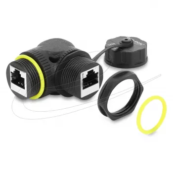 Delock RJ45 ühendus Cat.6 emane-emane M23 x 1,5 mm keermega ja kaitsekorgiga, 90° nurga all, IP68, must