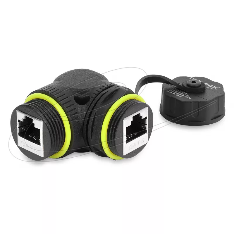 Delock RJ45 ühendus Cat.6 emane-emane M23 x 1,5 mm keermega ja kaitsekorgiga, 90° nurga all, IP68, must