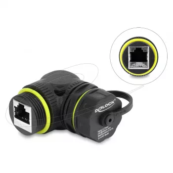 Delock RJ45 ühendus Cat.6 emane-emane M23 x 1,5 mm keermega ja kaitsekorgiga, 90° nurga all, IP68, must