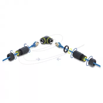 Delock RJ45 emane RJ45 emane Cat.6 jätkuklemm M23 x 1,5 mm keermega, 90° nurga all, IP68 tolmukindel ja veekindel, must