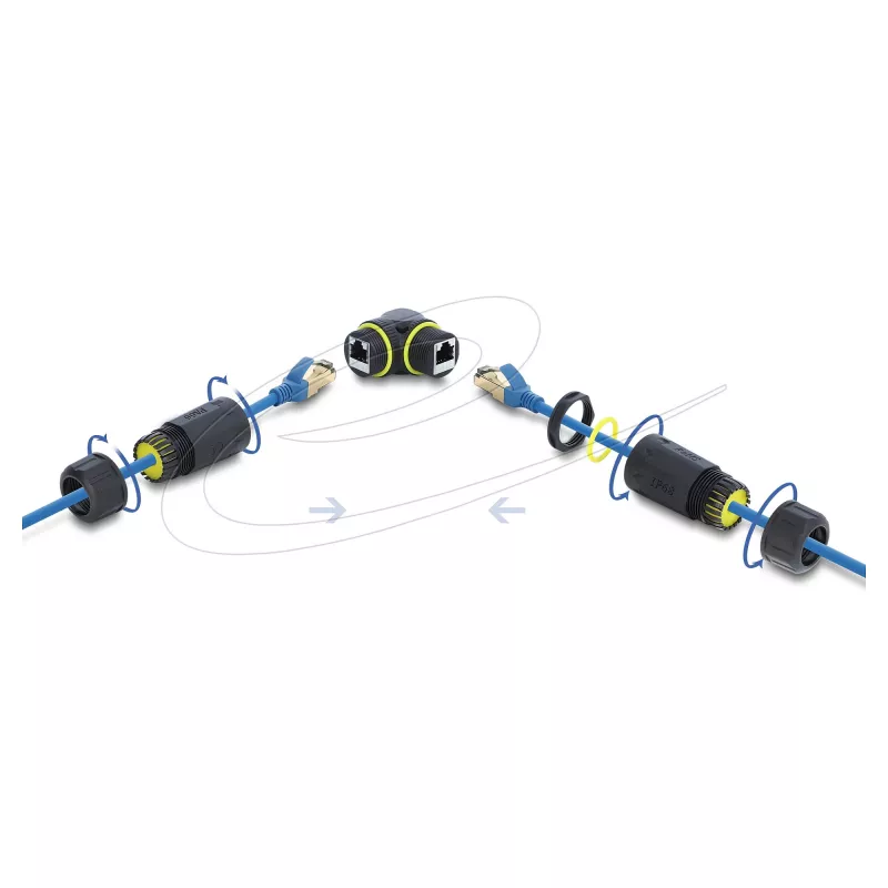 Delock RJ45 emane RJ45 emane Cat.6 jätkuklemm M23 x 1,5 mm keermega, 90° nurga all, IP68 tolmukindel ja veekindel, must