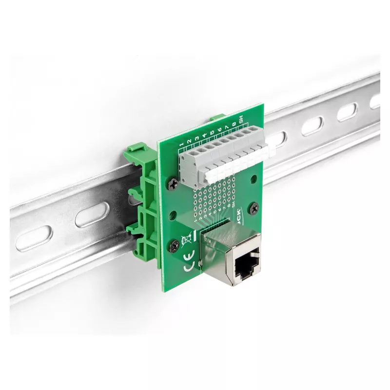 Delock RJ45 pesa klemmliistule surunupuga DIN-liinile, nurga all (66993)