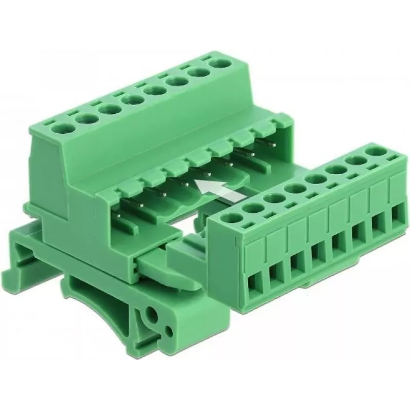DeLOCK klemmliistu komplekt DIN-liistule, 8-pin, 5,08 mm samm, nurga all, roheline