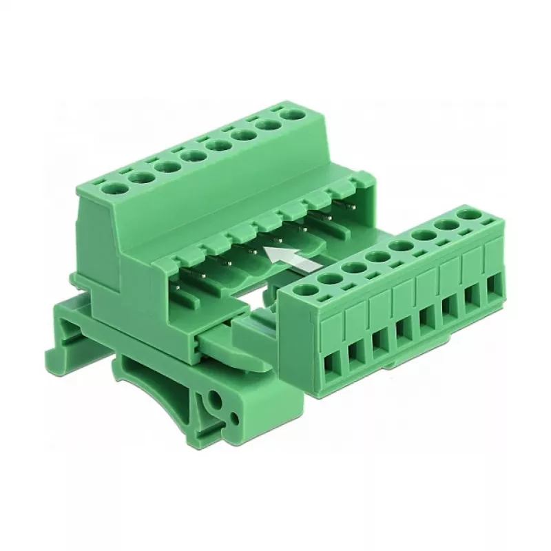 DeLOCK klemmliistu komplekt DIN-liistule, 8-pin, 5,08 mm samm, nurga all, roheline