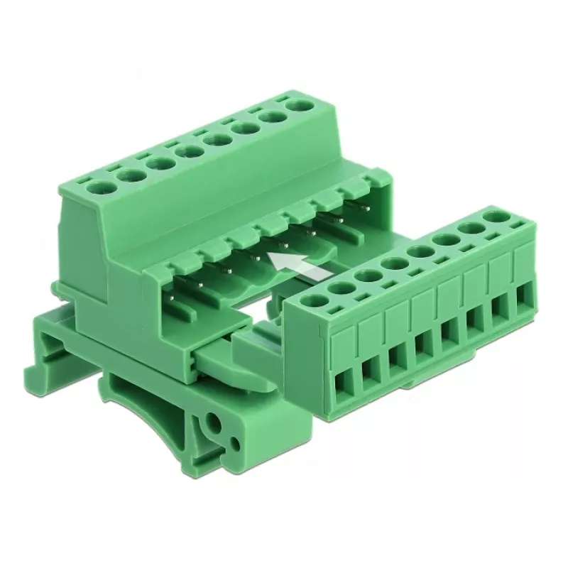 DeLOCK klemmliistu komplekt DIN-liistule, 8-pin, 5,08 mm samm, nurga all, roheline