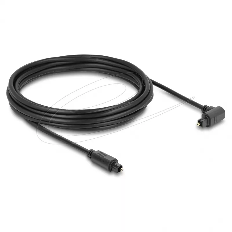 Delock TOSLINK optiline helikaabel 5m, 90° nurga all sirgete pistikutega, 4mm, must