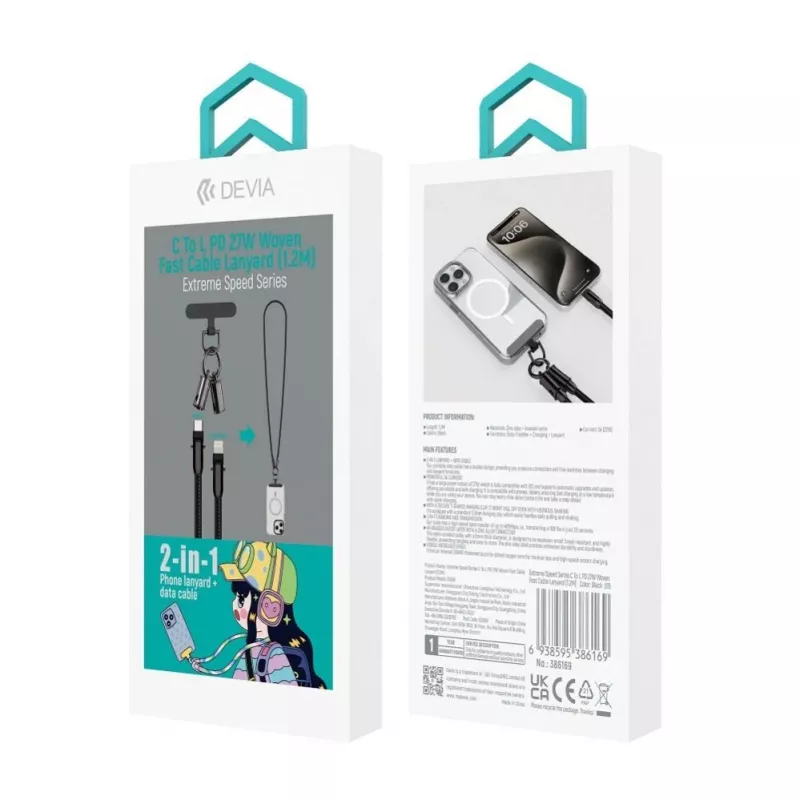 Devia 2-in-1 USB-C to Lightning kaabel rihmaga 1,2m 27W Must