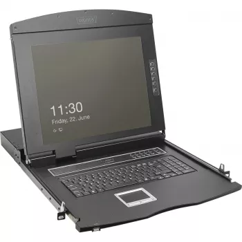 DIGITUS Modular 19-tolline HD LCD KVM-konsool 8-pordilise HDMI KVM-lülitiga, puuteplaadiga, saksa klaviatuuripaigutusega