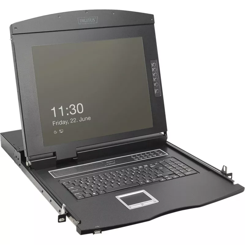 DIGITUS Modular 19-tolline HD LCD KVM-konsool 8-pordilise HDMI KVM-lülitiga, puuteplaadiga, saksa klaviatuuripaigutusega