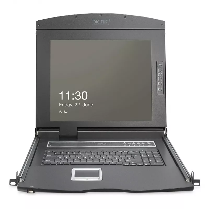 DIGITUS Modular 19-tolline HD LCD KVM-konsool 8-pordilise HDMI KVM-lülitiga, puuteplaadiga, saksa klaviatuuripaigutusega