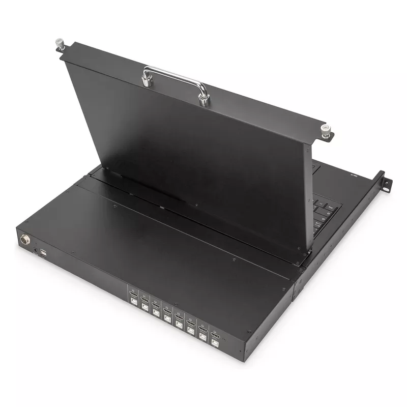DIGITUS Modular 19-tolline HD LCD KVM-konsool 8-pordilise HDMI KVM-lülitiga, puuteplaadiga, saksa klaviatuuripaigutusega