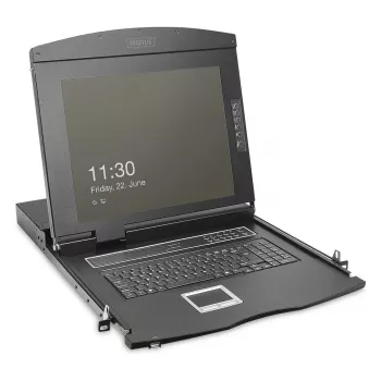 DIGITUS Modular 19-tolline HD LCD KVM-konsool 8-pordilise HDMI KVM-lülitiga, puuteplaadiga, saksa klaviatuuripaigutusega