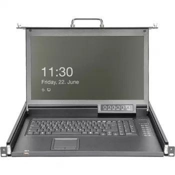 DIGITUS modulaarne HD LCD KVM-konsool 17 inch TFT-ekraaniga, 16-pordine CAT 5 KVM-ühendus, puuteplaat, saksa klaviatuuripaigutus