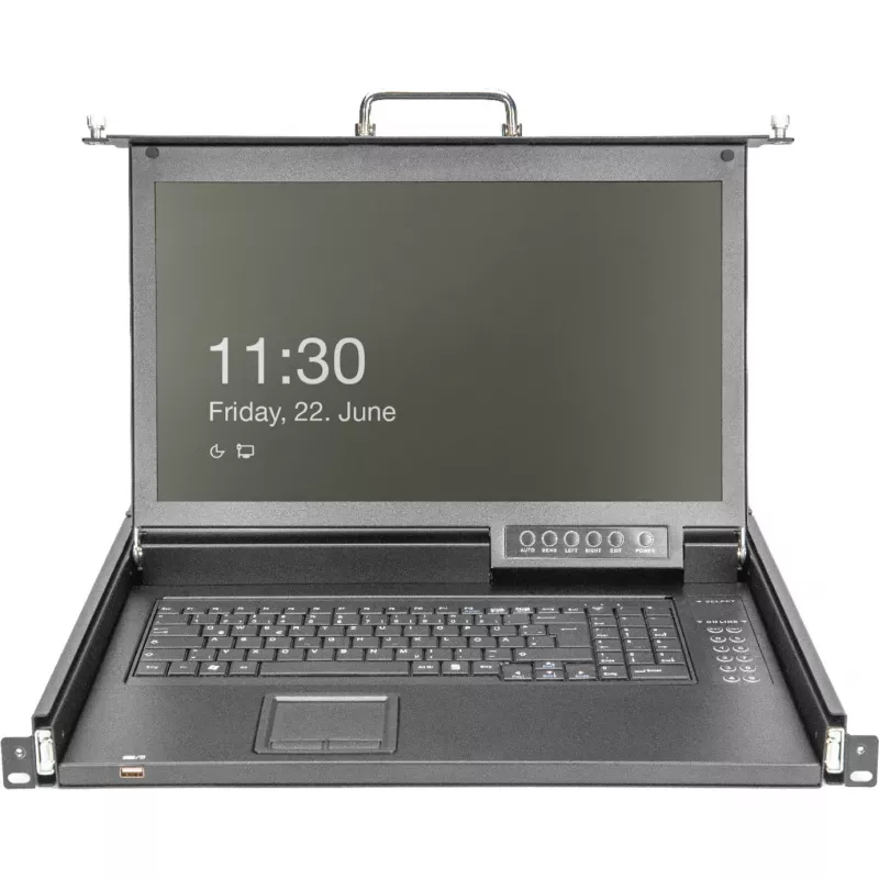 DIGITUS modulaarne HD LCD KVM-konsool 17 inch TFT-ekraaniga, 16-pordine CAT 5 KVM-ühendus, puuteplaat, saksa klaviatuuripaigutus