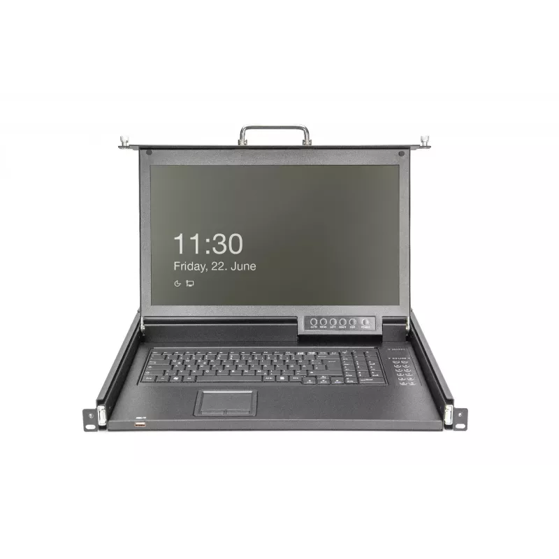 DIGITUS modulaarne HD LCD KVM-konsool 17 inch TFT-ekraaniga, 16-pordine CAT 5 KVM-ühendus, puuteplaat, saksa klaviatuuripaigutus